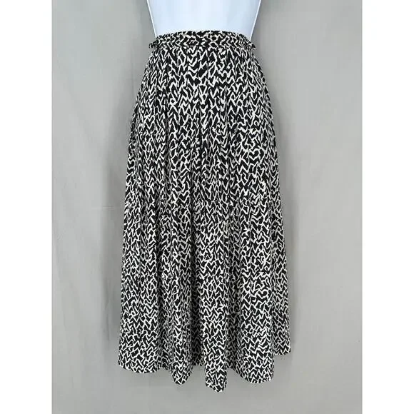 70s Vintage Skirt Womens Small Black Midi Print Pleated Cottage Boho Bohemian - Picture 1 of 7